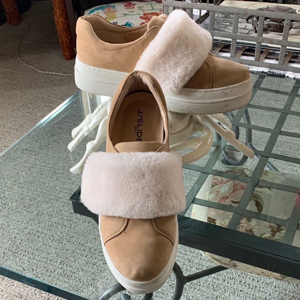 Anthropologie J/Slides Leather Nobel Shearling Sherpa Platform Sneakers Size 6